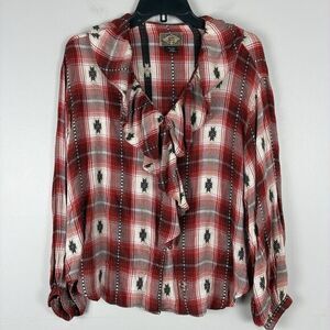 Vintage‎ Cabin Western Southwestern Red Rodeo Womens Top Sz L Ruffle Long Sleeve